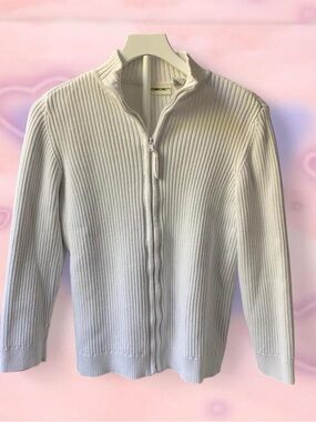 White Ribbed Full-Zip Crew Sweater